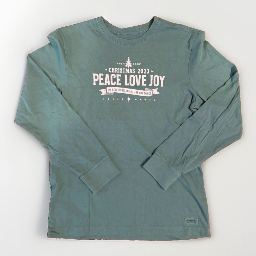 Life is Good Mens M Christmas 2023 Peace Love Joy Long Sleeve Shirt Green